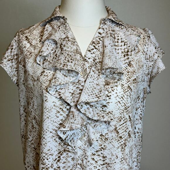 Calvin Klein Snake Print Ruffle Short Sleeve Button Up Blouse Womens Size Small - Picture 2 of 14